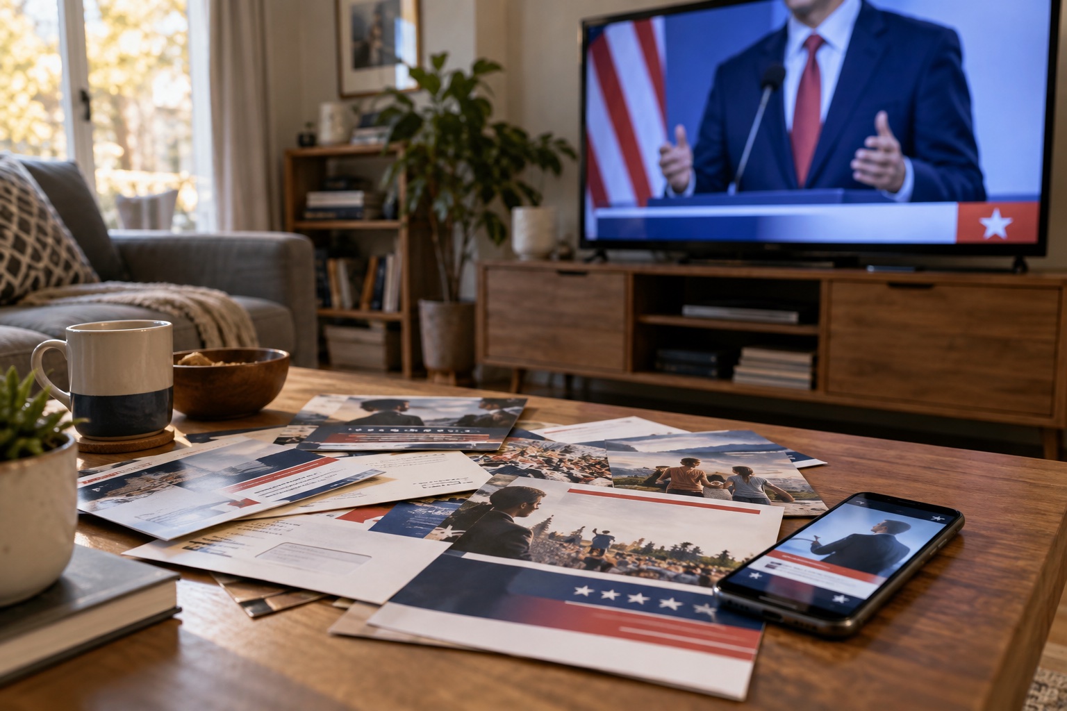 Generic campaign ads on television, mailers, and a phone